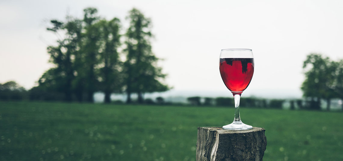 Glass Rotwein , im Hintergrund eine Wiese